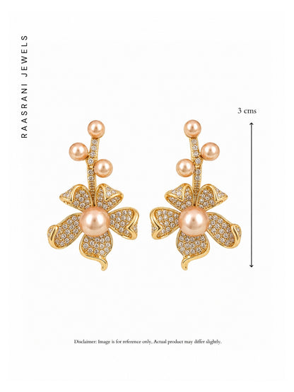 Taupe Pearl Floral Pavé Drop Earrings, 18K Gold-Plated
