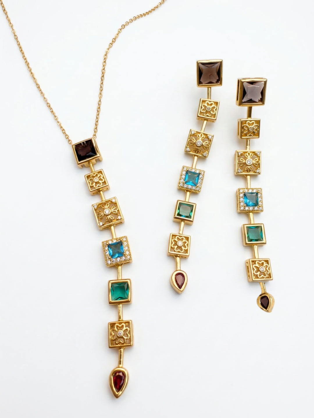 Gothic Pastel Statement Necklace & Earrings Set – 18K Gold Plated