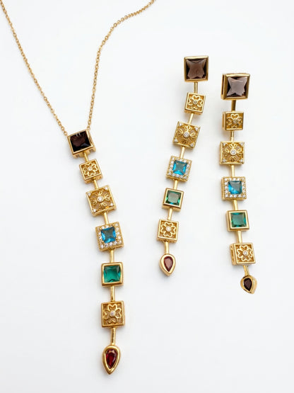 Gothic Pastel Statement Necklace & Earrings Set – 18K Gold Plated