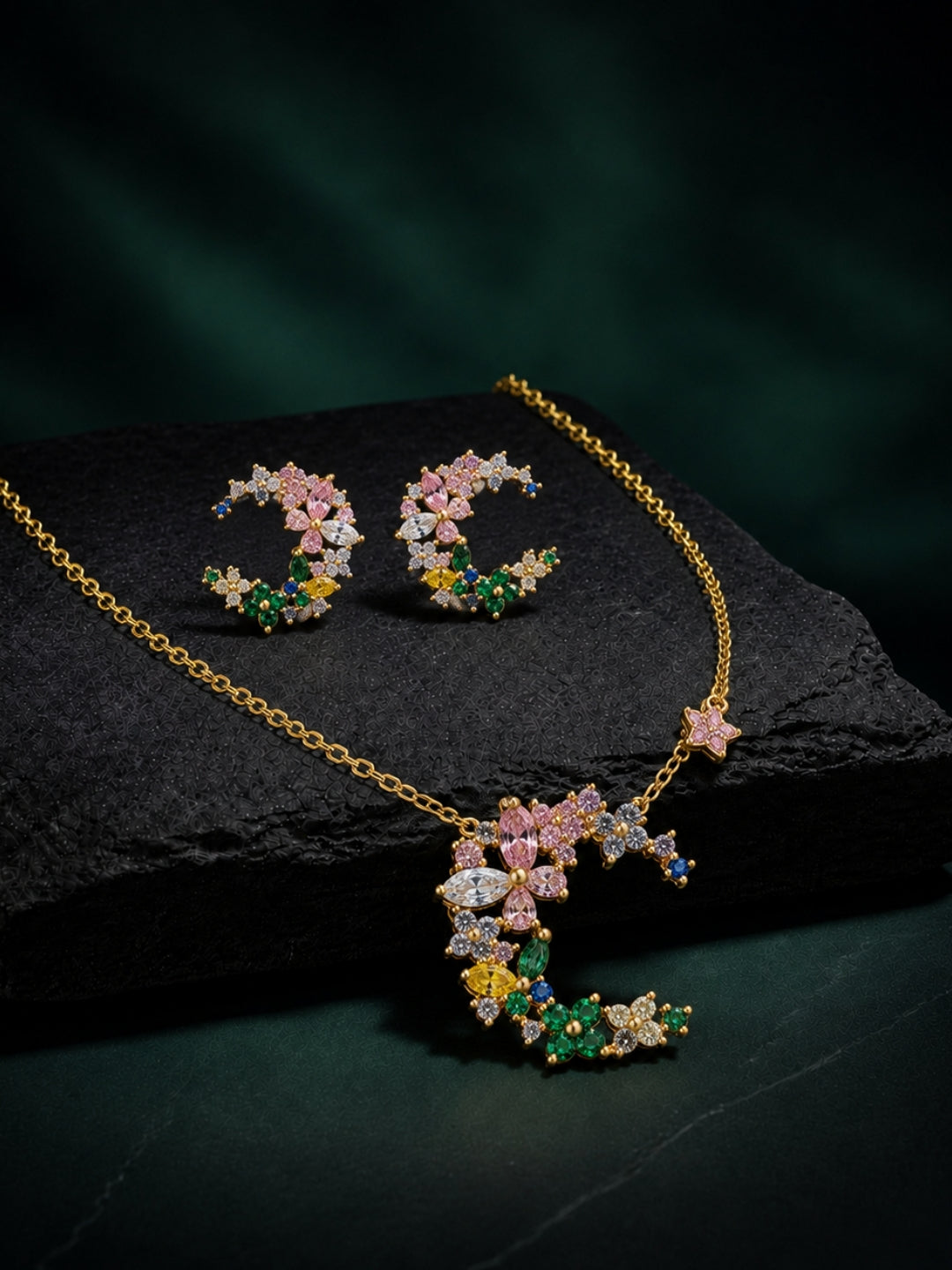 Bosco Multicolor Floral Cluster Necklace & Earring Set, 18K Gold-Plated