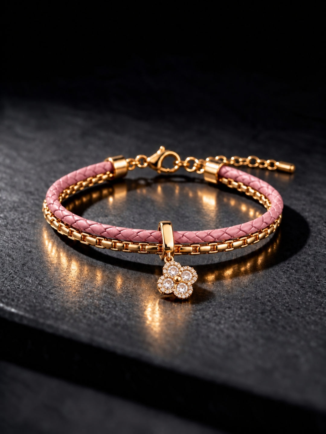 Pink Braided Double line Clover Band Cuff -18KT Gold Plated