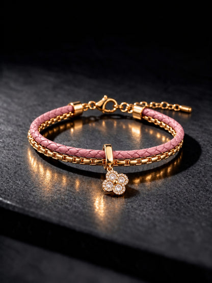 Pink Braided Double line Clover Band Cuff -18KT Gold Plated