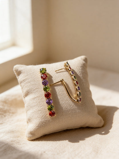 18K Rose Gold Multicolor CZ Long Hoop Earrings