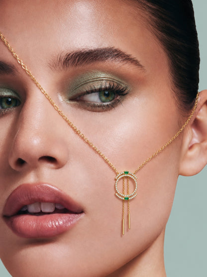 Isabeau" Double Halo Necklace & Earring Set — 18K Gold Plated with Emerald Baguette Accents