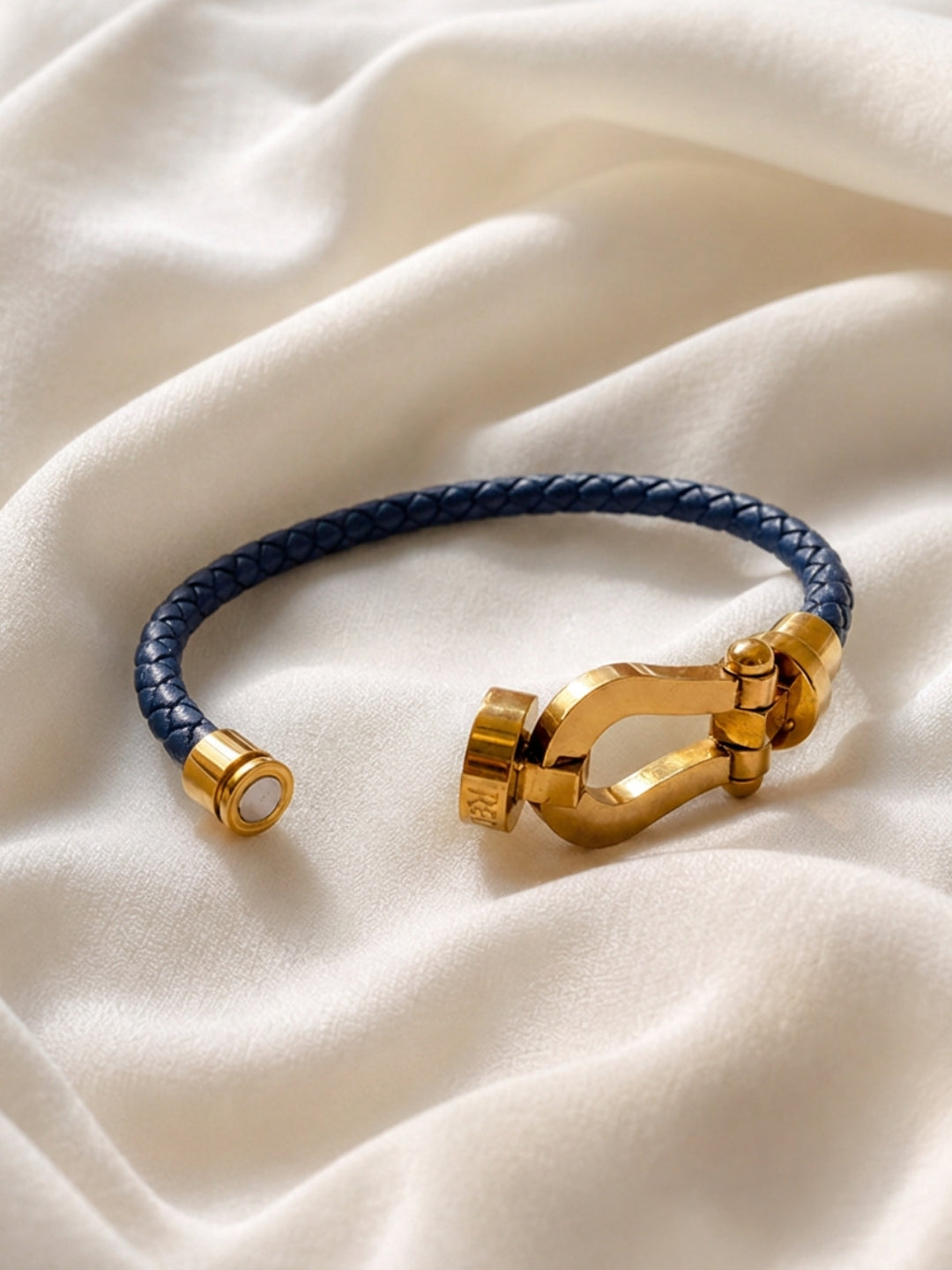 Unisex Navy Braided Leather Gold Magnetic Bracelet