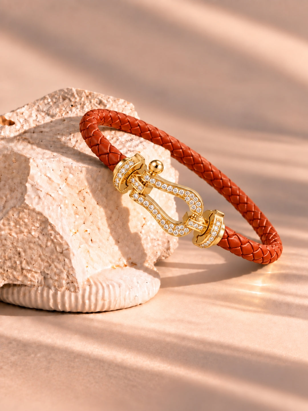 Rust Studded Braided Leather Gold Magnetic Bracelet -18KT Gold Plated