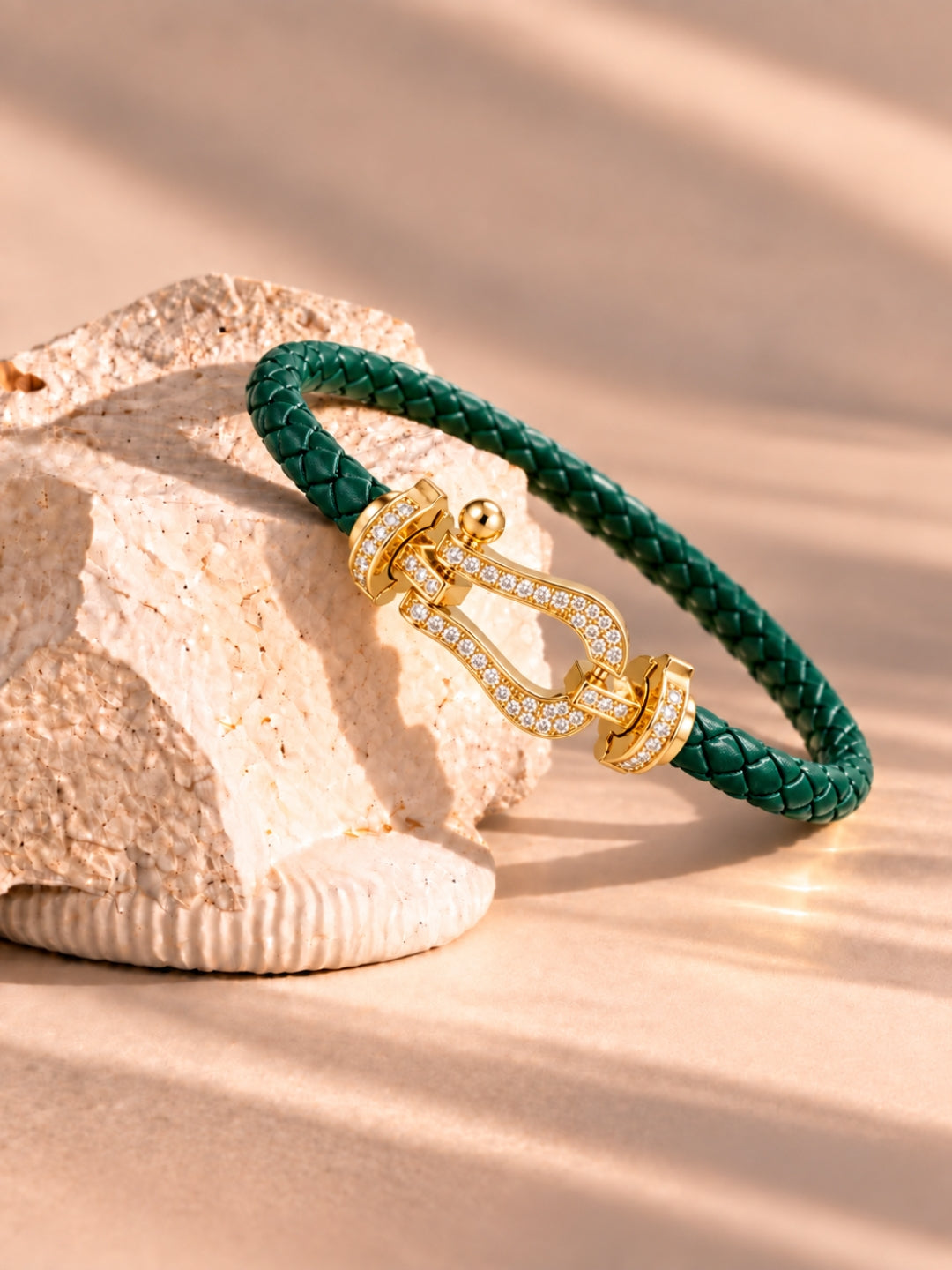 Emerald Studded Braided Leather Gold Magnetic Bracelet -18KT Gold Plated