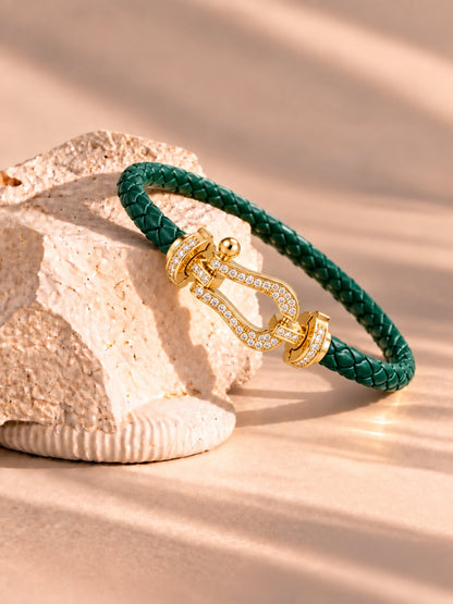 Emerald Studded Braided Leather Gold Magnetic Bracelet -18KT Gold Plated