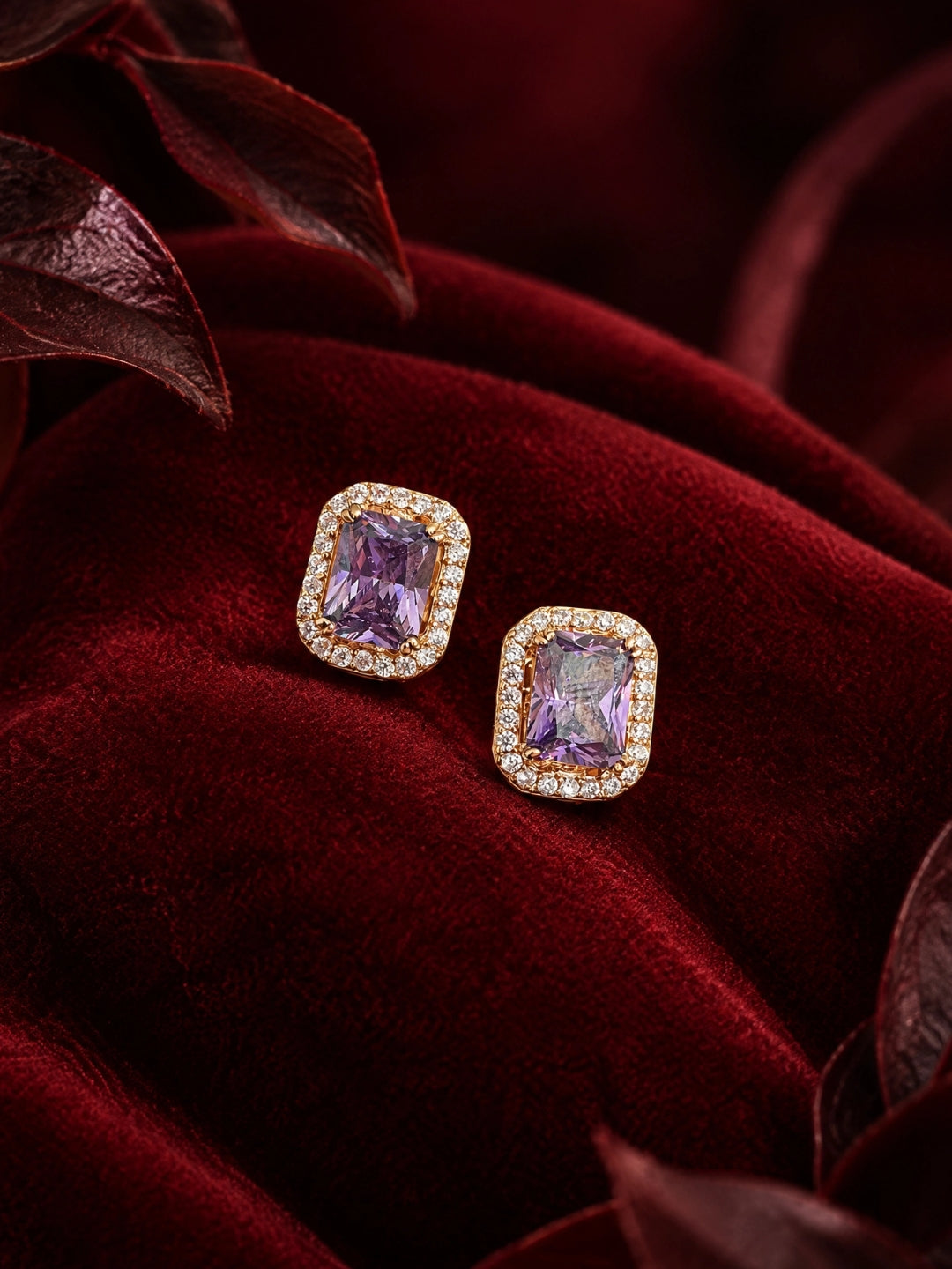Rose Gold Purple Princess Cut CZ Hoop Earrings | Anti Tarnish