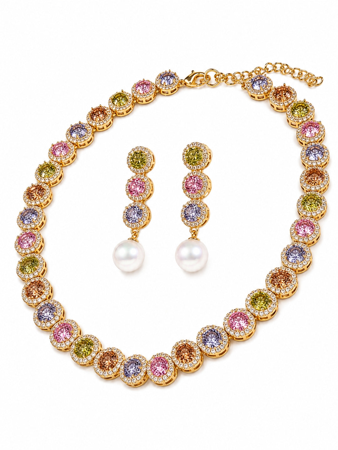 Mosaico Multicolor Halo Choker Necklace & Earring Set, 18K Gold-Plated