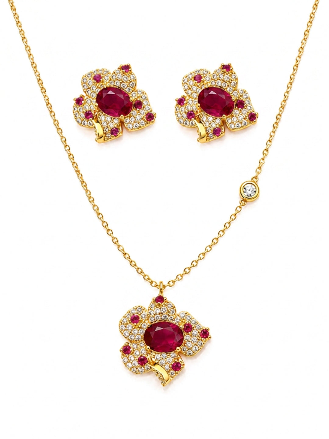 Rubis Ruby Red Floral Necklace & Earrings Set
