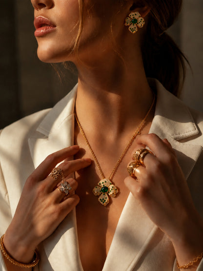 Boccio Emerald Pavé Flower Necklace & Earring Set, 18K Gold-Plated