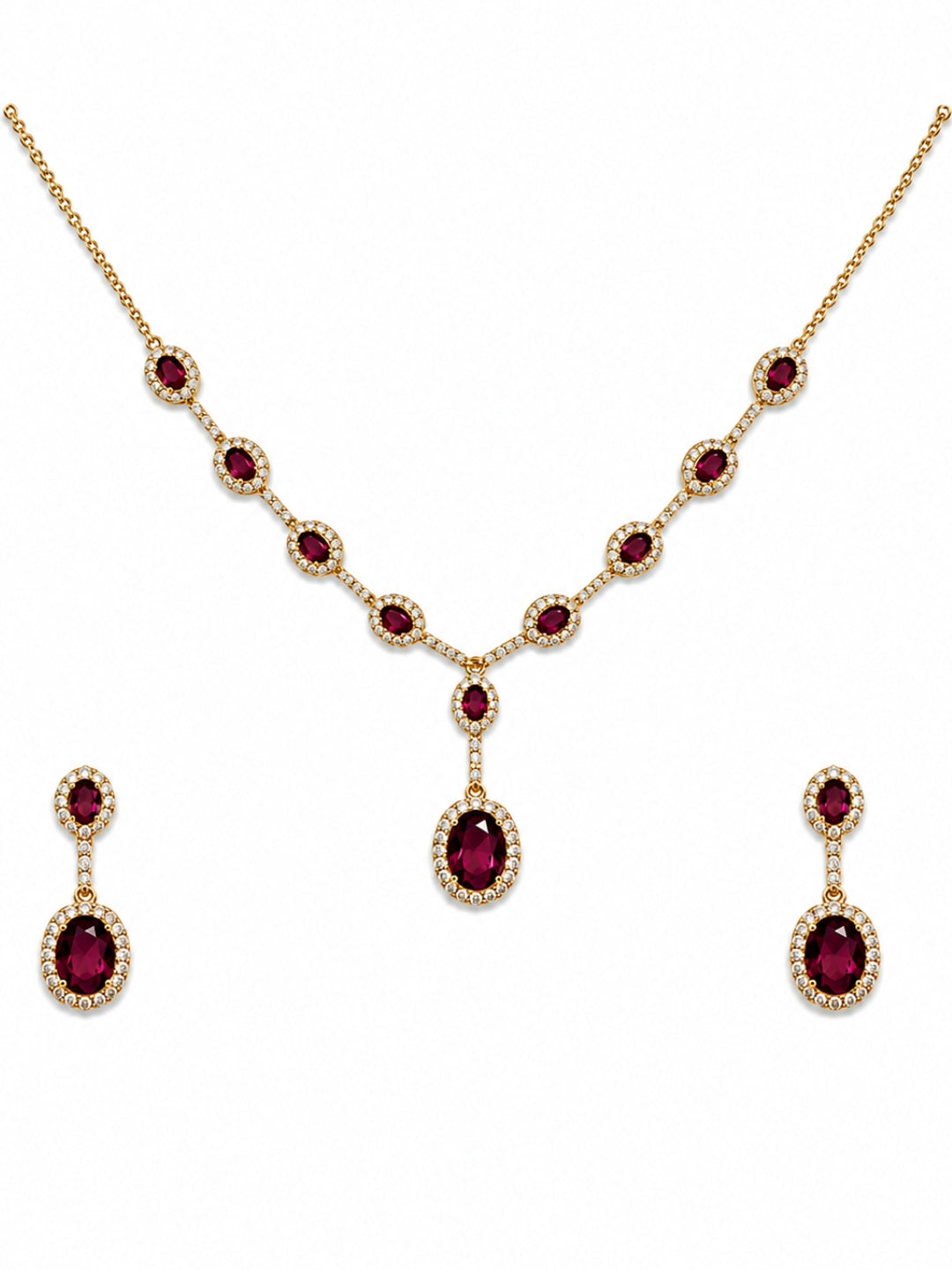 Melagrana Maroon Halo Necklace & Earring Set, 18K Gold-Plated