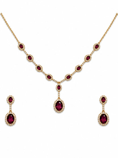 Melagrana Maroon Halo Necklace & Earring Set, 18K Gold-Plated