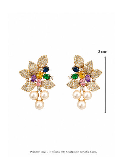 Multicolor Floral Pavé Pearl Drop Earrings, 18K Gold-Plated