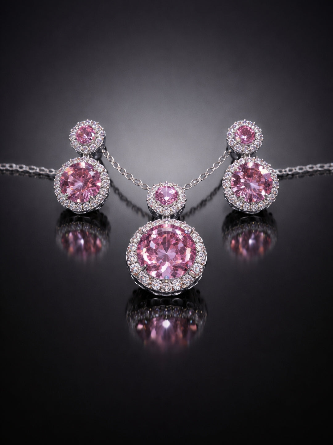 CL Pink Drop Jewelry Set | Rhodium CZ Necklace & Earrings