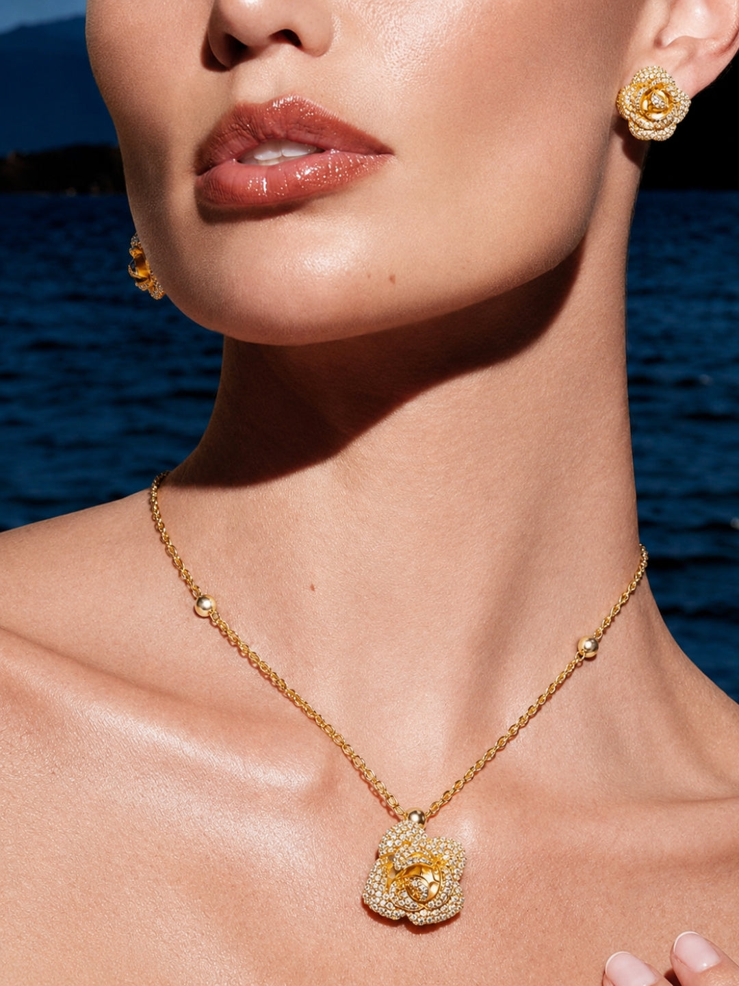 Rosa Pavé Flower Necklace & Earring Set, 18K Gold-Plated
