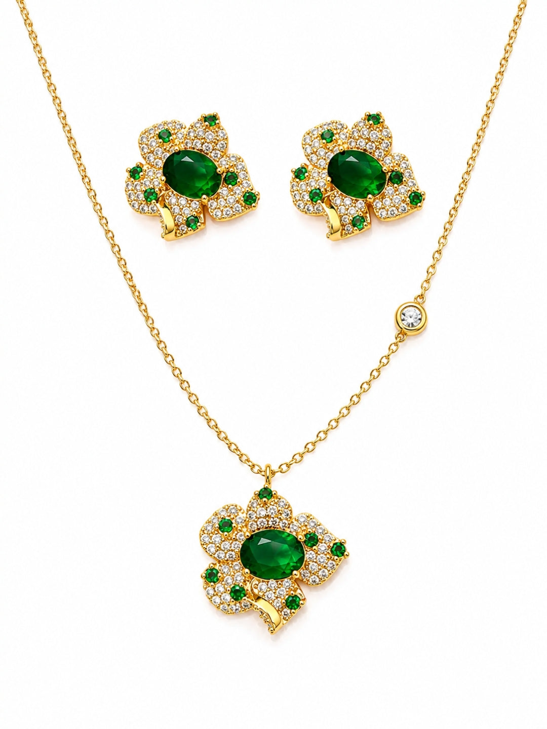 Emerald Clover Necklace & Earrings Set