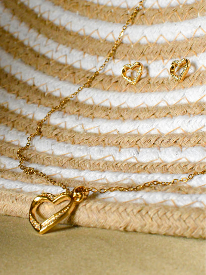 Heart Studded Minimal Jewelry Set – Dainty Gold Necklace & Earrings