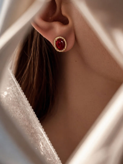 Melograno Red Cabochon Halo Necklace & Earring set 18K Gold-Plated