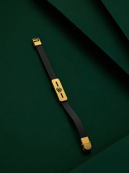 Om Engraved Men's Bracelet – Thick 18K Gold Plated Stainless Steel with Black Silicone