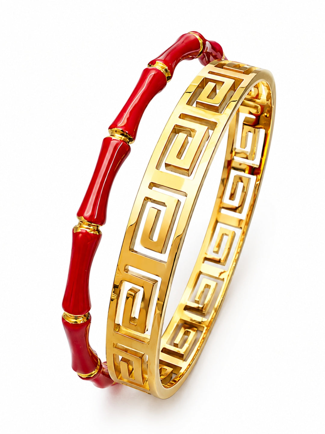 Red Bamboo & Gold Greek Key Bracelet Stack – Set of 2