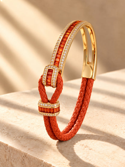 Rust Studded Leather Band Cuff - 18KT Gold Plated