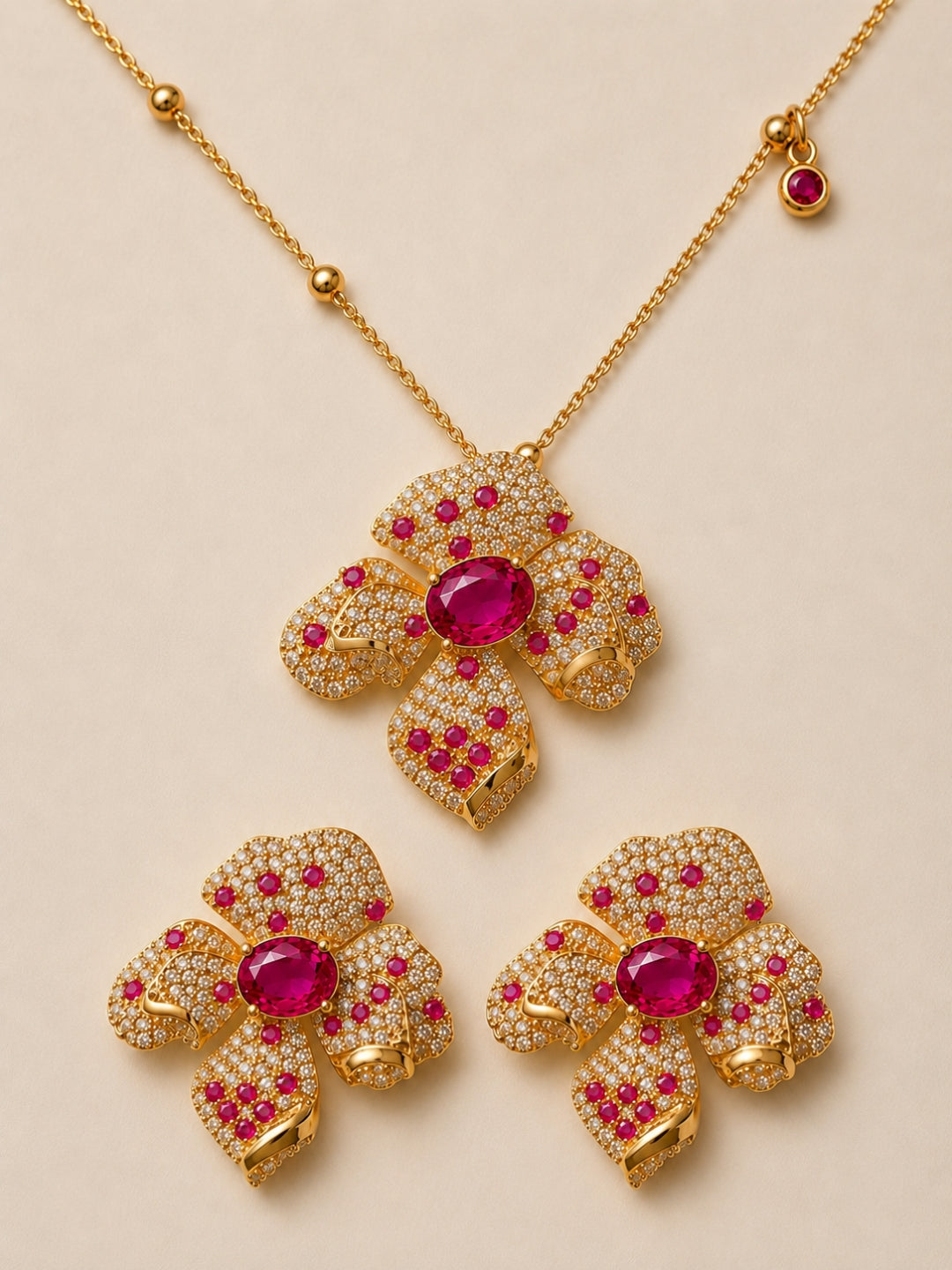 Boccio Fucsia Pavé Flower Necklace & Earring Set, 18K Gold-Plated