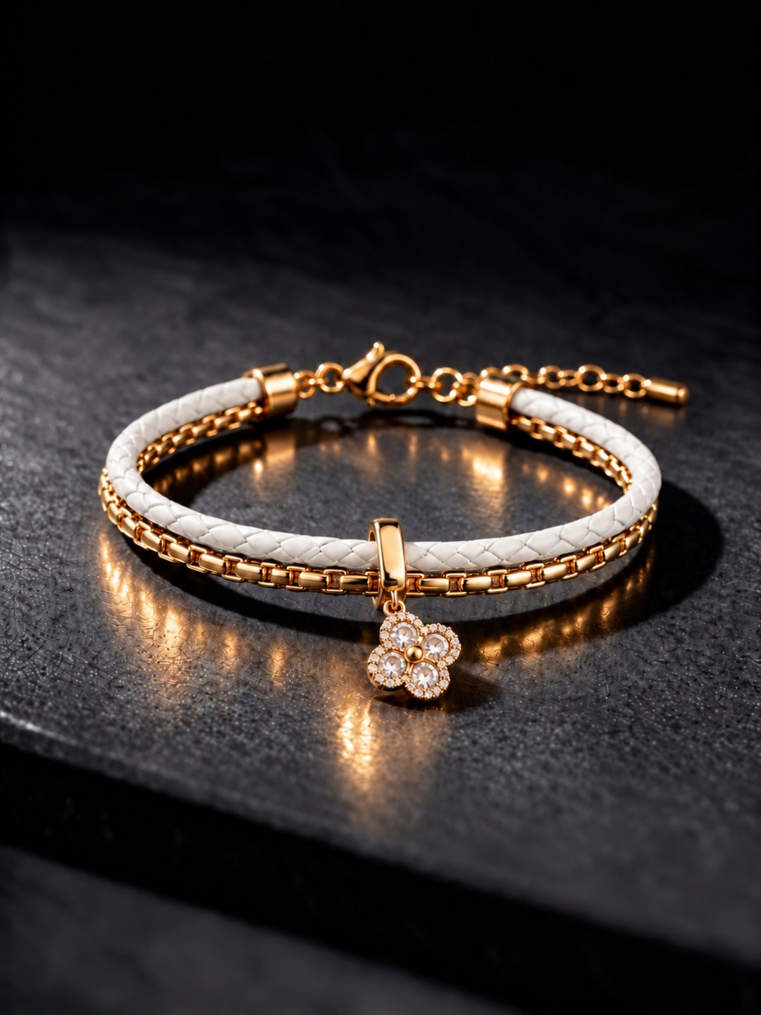 White Braided Double line Clover Band Cuff -18KT Gold Plated