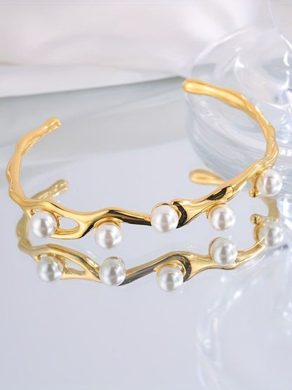 Pearl Sculptural Adjustable Cuff – 18K Gold | Anti-Tarnish Bracelet