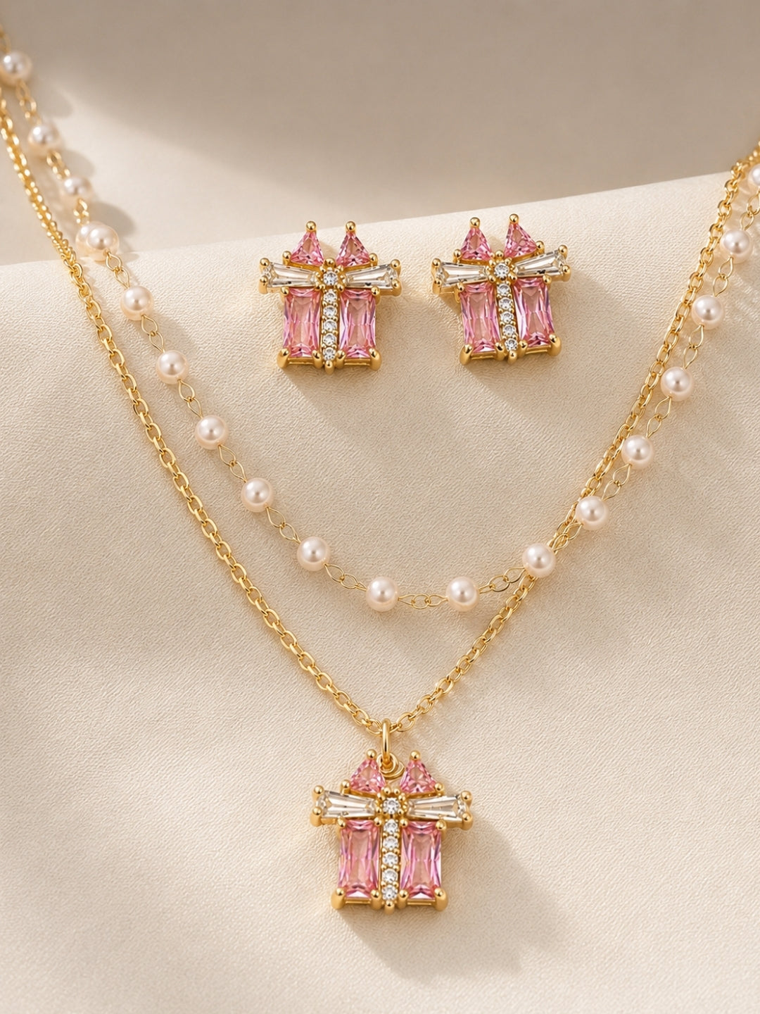 Croce Pink Baguette Layered Necklace & Earring Set, 18K Gold-Plated