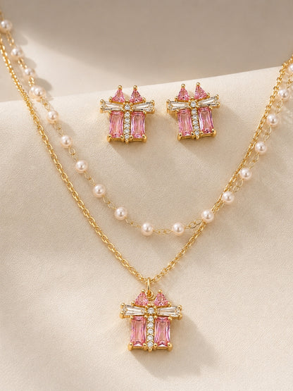 Croce Pink Baguette Layered Necklace & Earring Set, 18K Gold-Plated