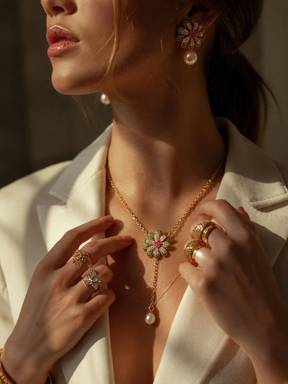 Margherita Floral Pearl Drop Necklace & Earring Set, 18K Gold-Plated