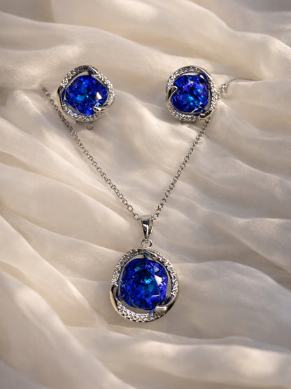 CL Blue CZ Pendant Necklace & Stud Earrings Set | Anti-Tarnish Jewelry