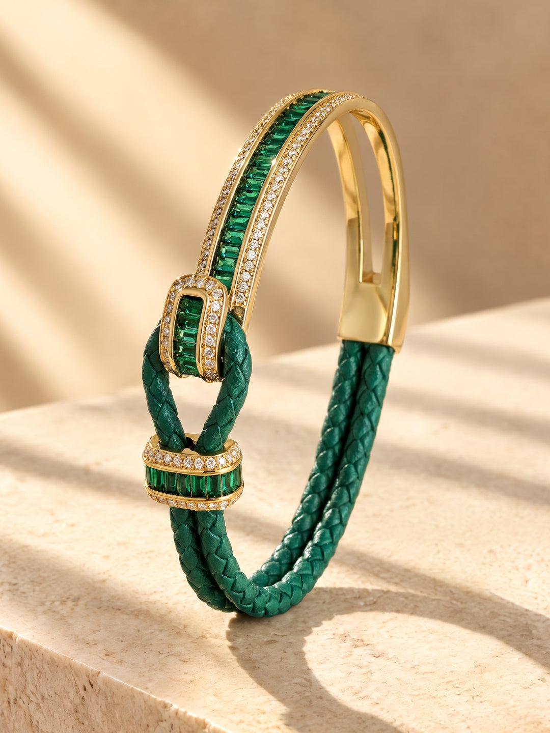 Emerald Studded Leather Band Cuff - 18KT Gold Plated