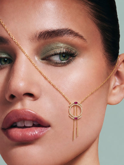 "Aurélie" Double Halo Necklace & Earring Set — 18K Gold Plated with Ruby Baguette Accents