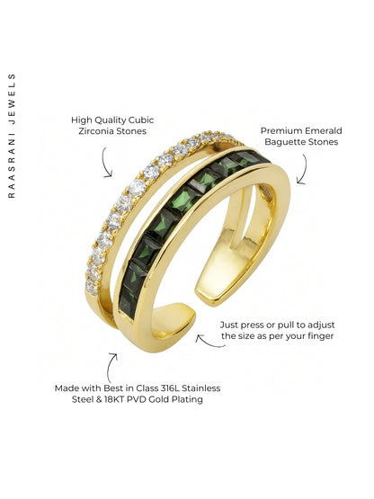 Emerald & White Dual-Line Adjustable Ring | 18K Gold Plated