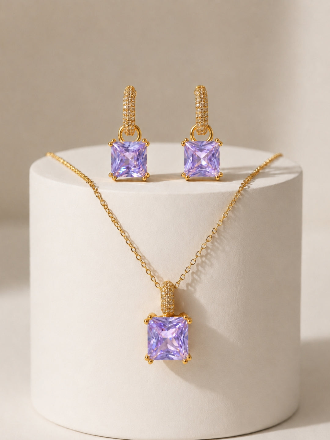 Lavender Square-Cut Pendant Necklace & Huggie Earring Set