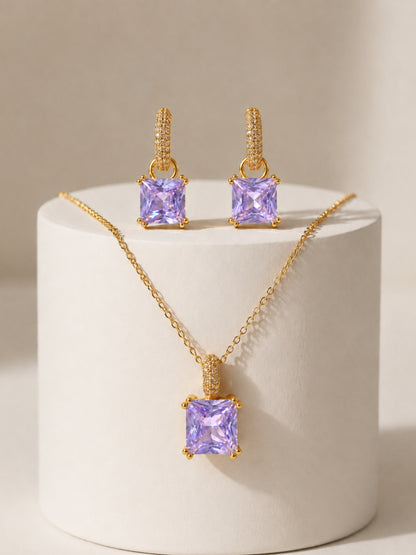 Lavender Square-Cut Pendant Necklace & Huggie Earring Set