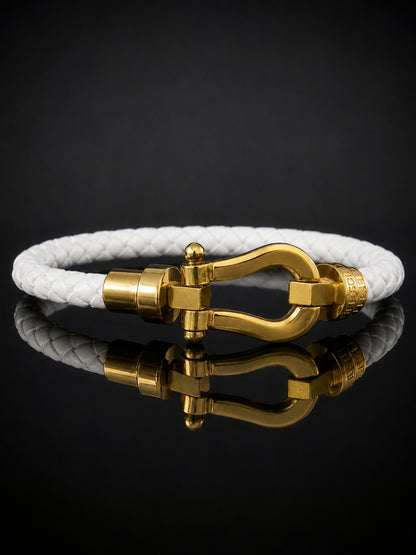 Unisex White Braided Leather Gold Magnetic Bracelet