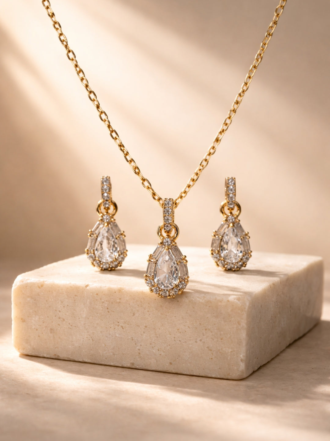 18K Rose Gold Teardrop CZ Pendant & Earrings Set for Women