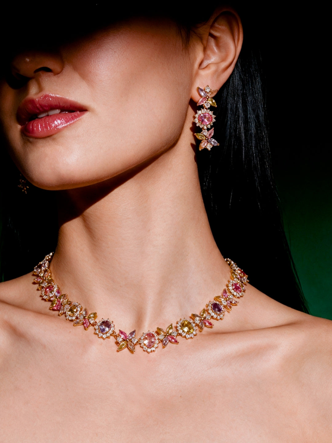 Fiorina Pastel Multicolor Floral Choker Necklace & Earring Set, 18K Gold-Plated