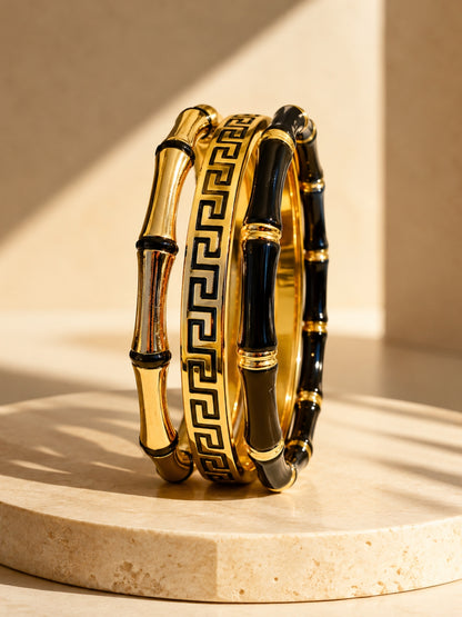 Black & Gold Designer Bracelet Stack – Set of 3
