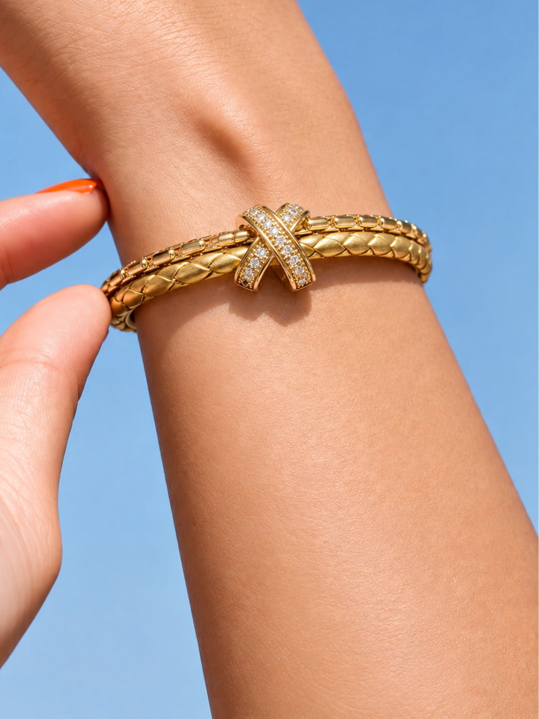 Gold Braided Double line Knot Band Cuff-18KT Gold Plated