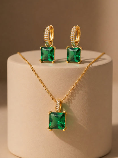 Emerald Square-Cut Pendant Necklace & Huggie Earring Set