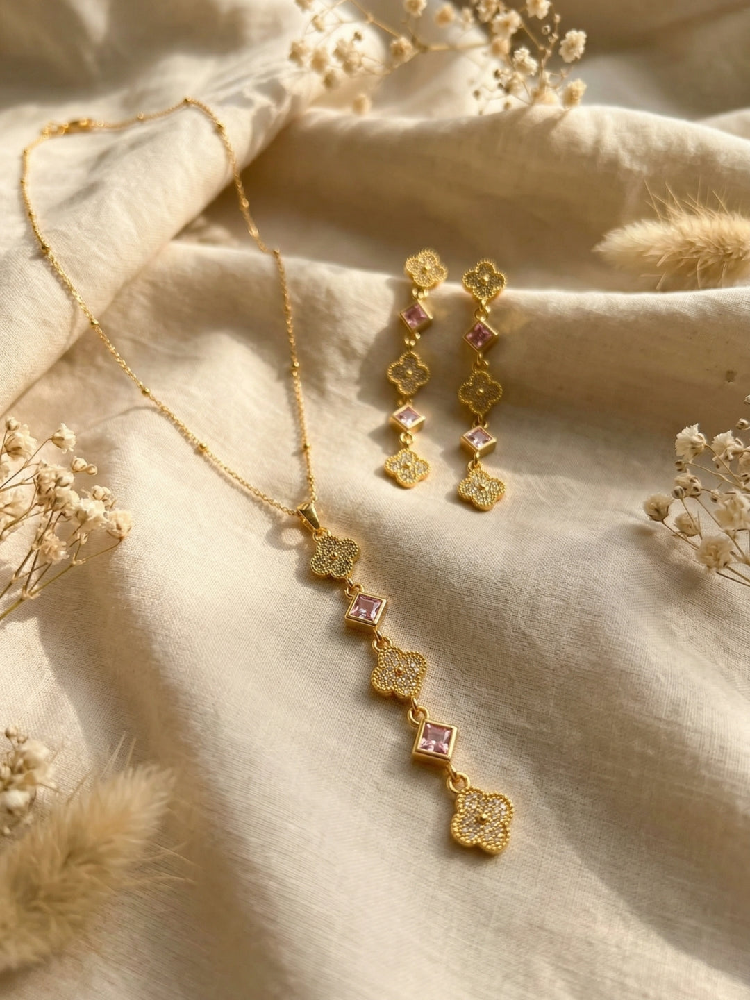 Clover CZ Statement Necklace & Earring Set in 18K Gold Plated