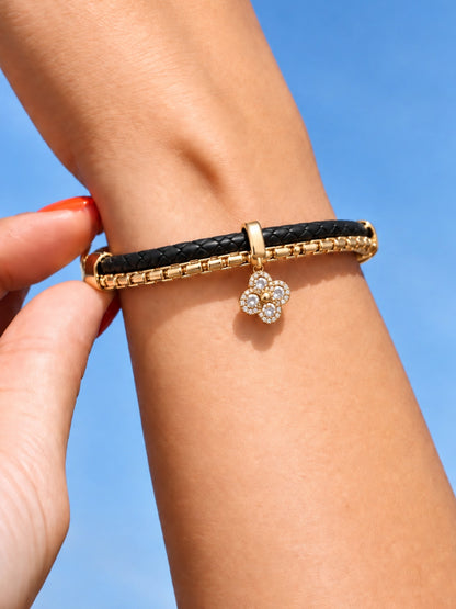Black Braided Double line Clover Band Cuff -18KT Gold Plated