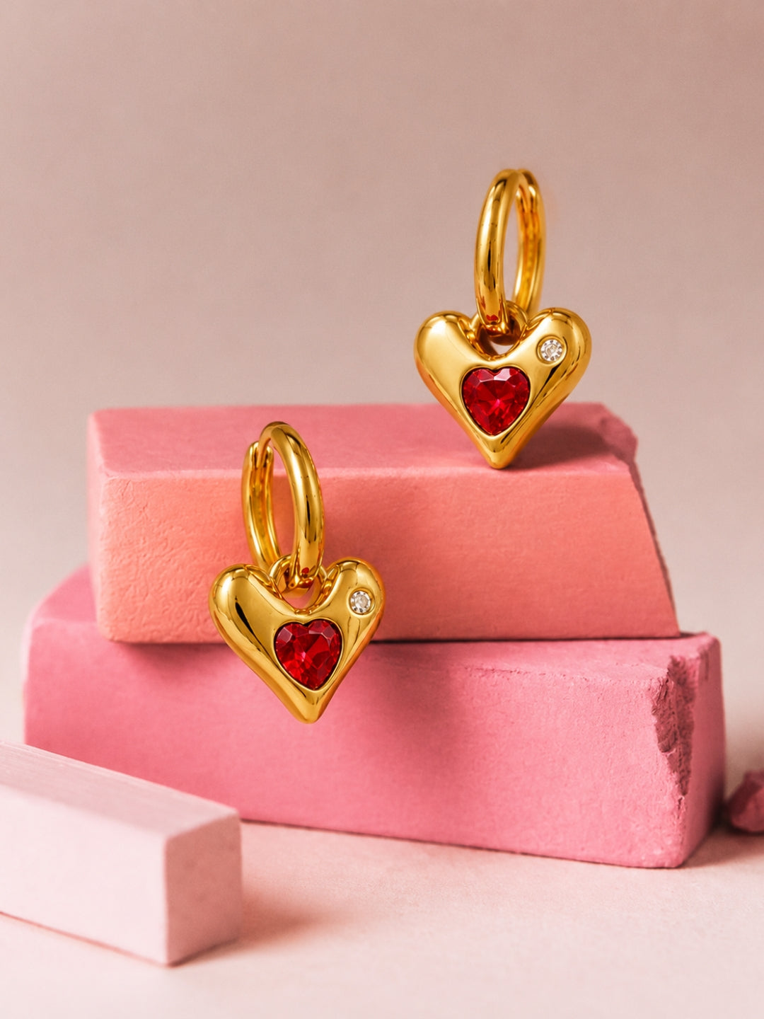 Sculpted Heart Charm Hoop Earrings, 18K Rose Gold-Plated - Red