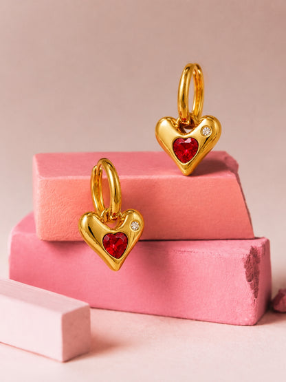 Sculpted Heart Charm Hoop Earrings, 18K Rose Gold-Plated - Red