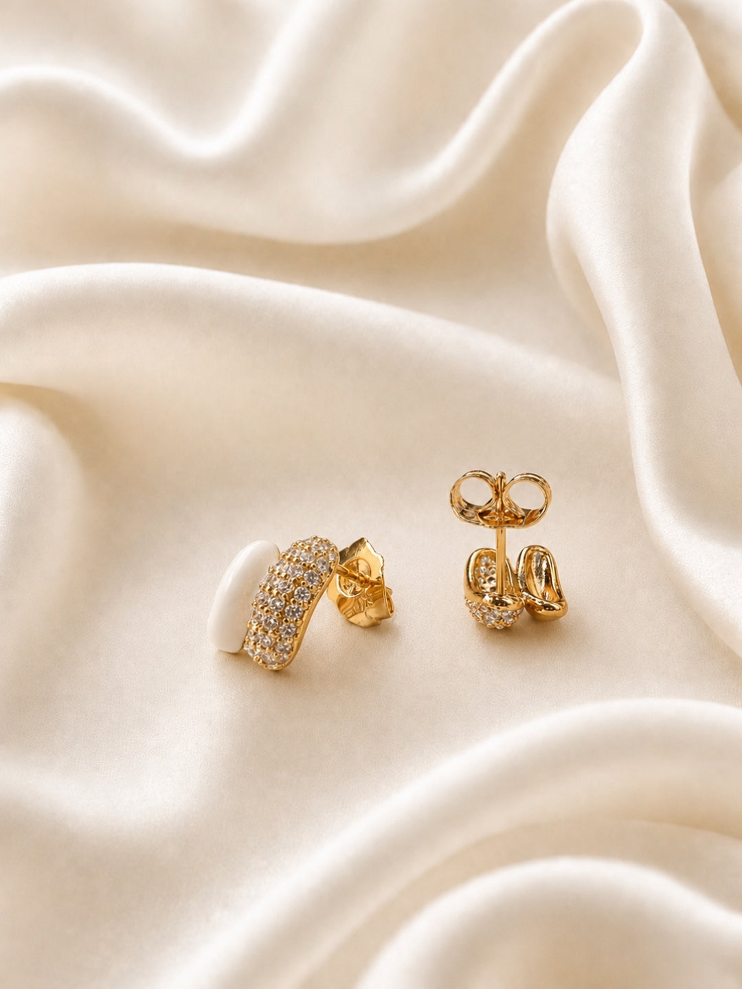White Enamel CZ Nano Stud Earrings in 18K Gold Plating